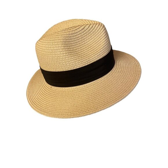 Natural Paper Fedora Black Band Detail Adjustable Strap Hat - Picture 3 of 7